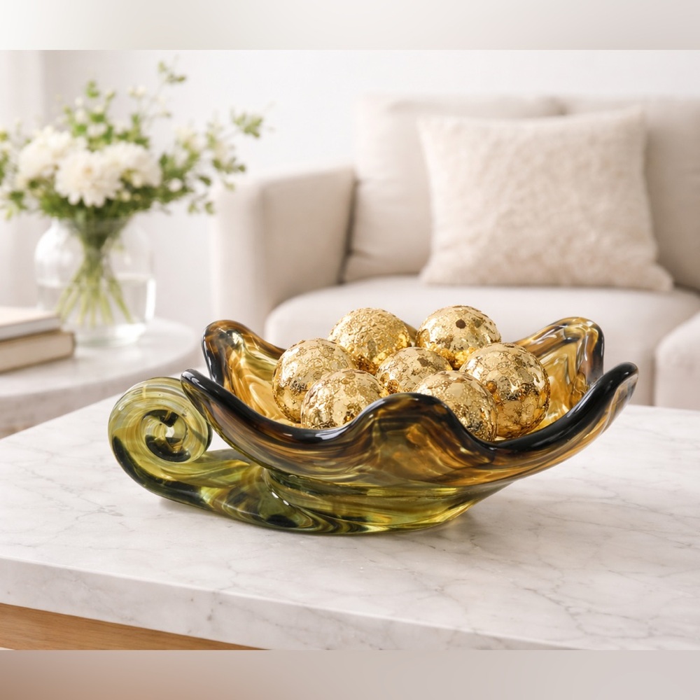 Sooner Art Glass Bowl Hand Blown Amber Swirl with Spiral Handle 7” Long - Picture 2 of 8